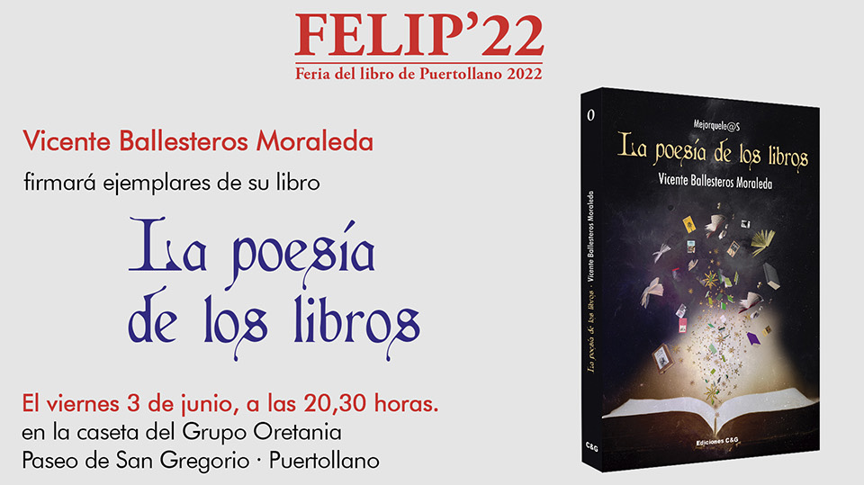 Invitación a la firma de La poesía de los libros de Vicente Ballesteros en la Feria del Libro de Puertollano