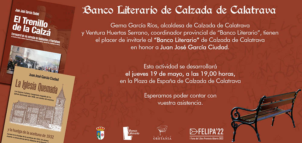 Invitación al la inauguración del Banco Literario de Juan José García Ciudad en Calzada de Calatrava