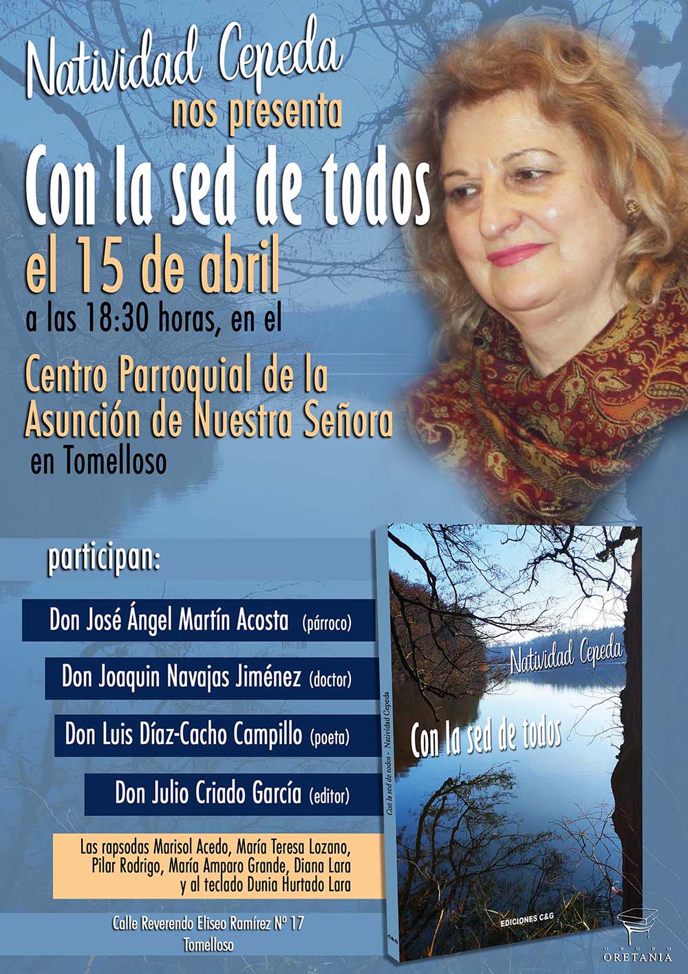 Cartel de la presentación de 'Con la sed de todos' de Natividad Cepeda en Tomelloso