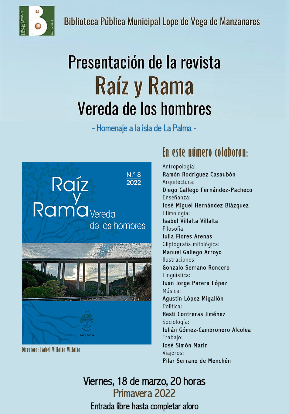 Cartel de la presentación en Manzanares de la revista Raíz y rama