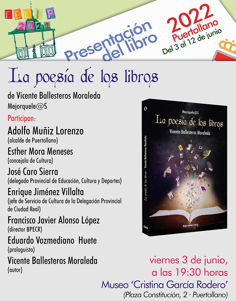Cartel de la presentación de La poesía de los libros de Vicente Ballesteros en la Feria del Libro de Puertollano