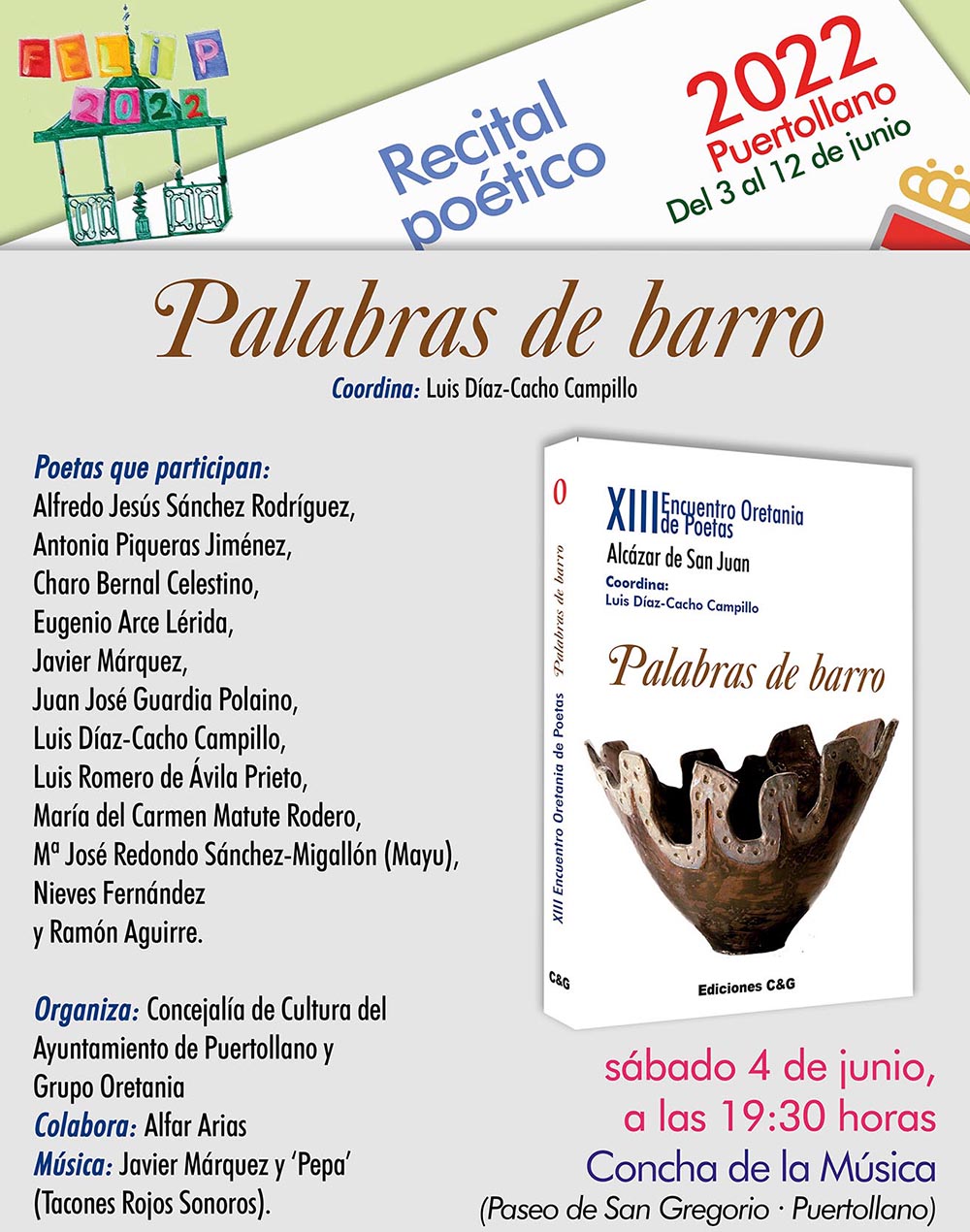 Cartel del recital 'Palabras de barro' que se celebrará en Puertollano con motivo de la feria del libro
