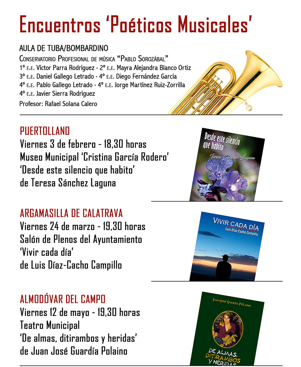 Cartel de los encuentros poéticos musicales en Puertollano, Argamasilla de Calatrava y Almodóvar del Campo